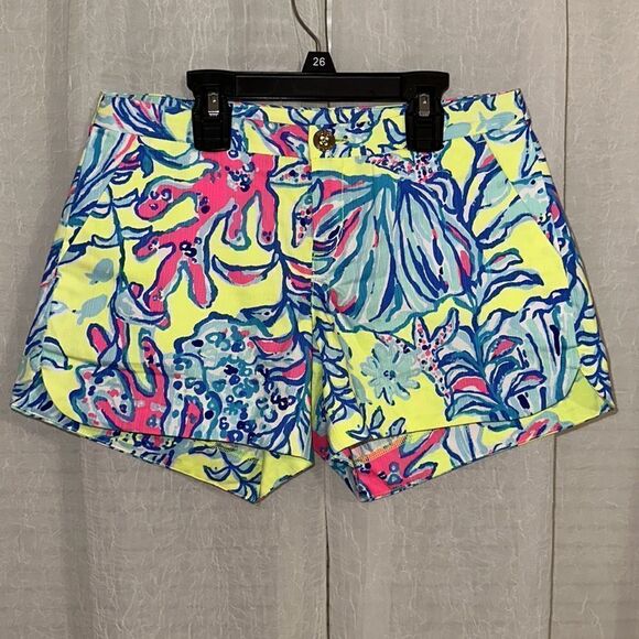 Lilly Pulitzer 00 4” ADIE Swim up Lemon Drop 💯 Cotton Coral 4 Pocket Shorts